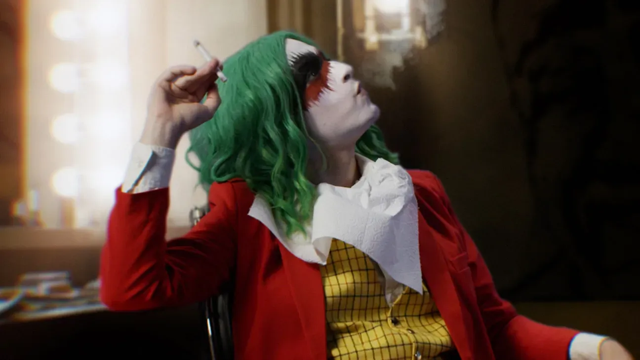 A woman in a red suit wearing a green wig and red and white makeup smokes a cigarette.