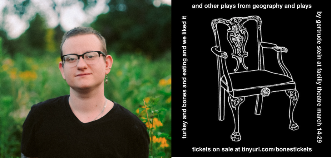 On the left, a trans man in his late 20s wears a black v-neck and stands in a field. On the right, a line drawing of a chair.